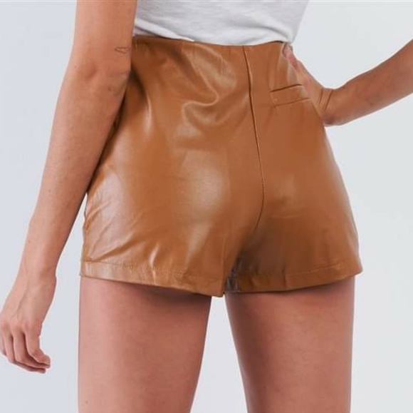 Sublime Vegan Leather High Waist Camel Mini Shorts - Picture 3 of 8